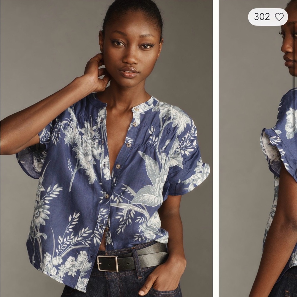 Pilcro Blue and White Floral Button Down Shirt